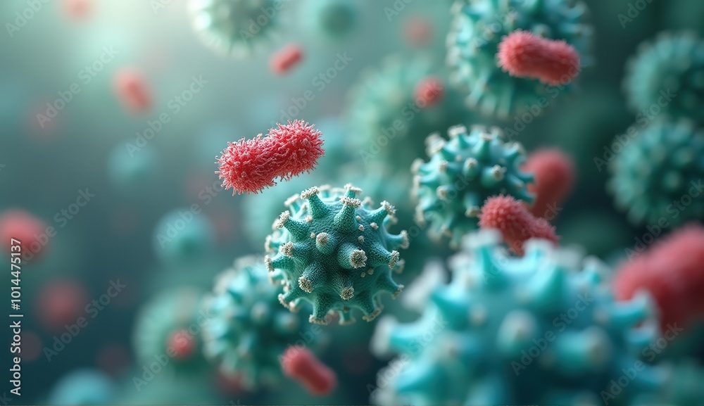 Detailed and Vibrant Depiction of Microbial Life in a Colorful Medical Environment. High-Resolution Bacterial World with Microflora in Focus. Detailed and Vibrant Depiction of Microbial Life in a Colorful Medical Environment. High-Resolution Bacterial World with Microflora in Focus.