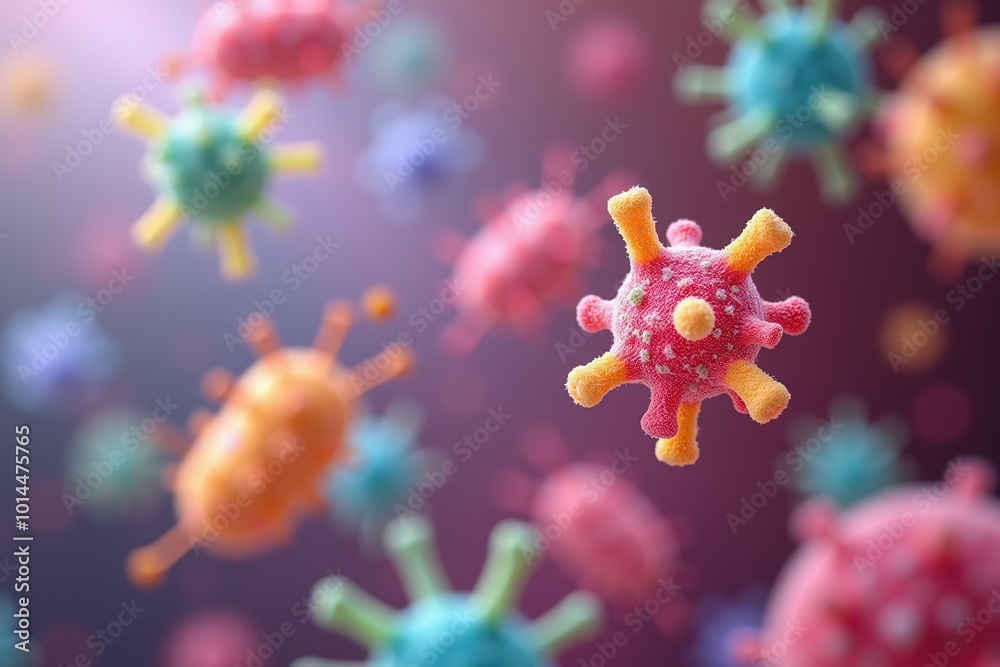 Detailed and Vibrant Depiction of Microbial Life in a Colorful Medical Environment. High-Resolution Bacterial World with Microflora in Focus.