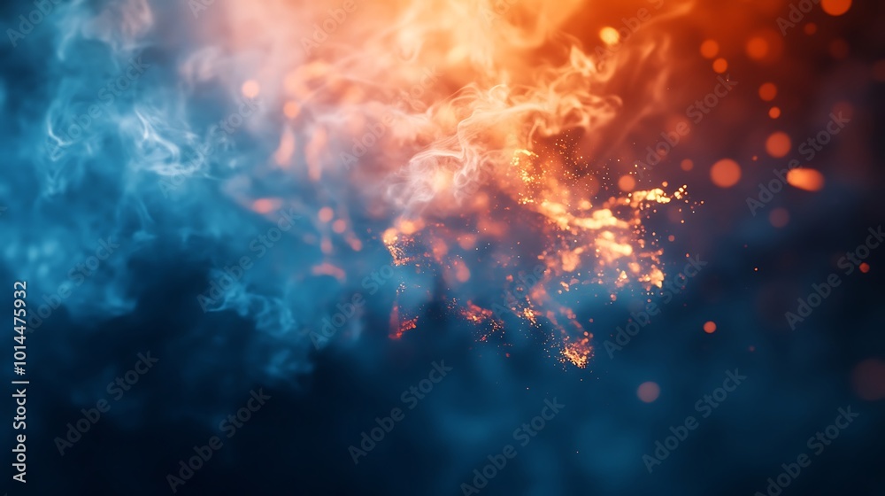 Abstract smoke cloud swirling in vibrant blue and glowing orange light Abstract smoke cloud swirling in vibrant blue and glowing orange light