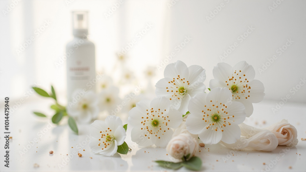 still life with white flowers and bottle