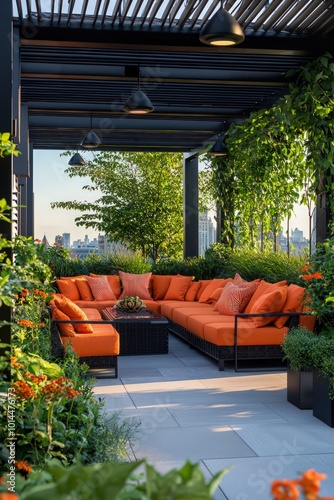 Modern rooftop lounge accented with a black pergola, orange furnishings, and plants. photo