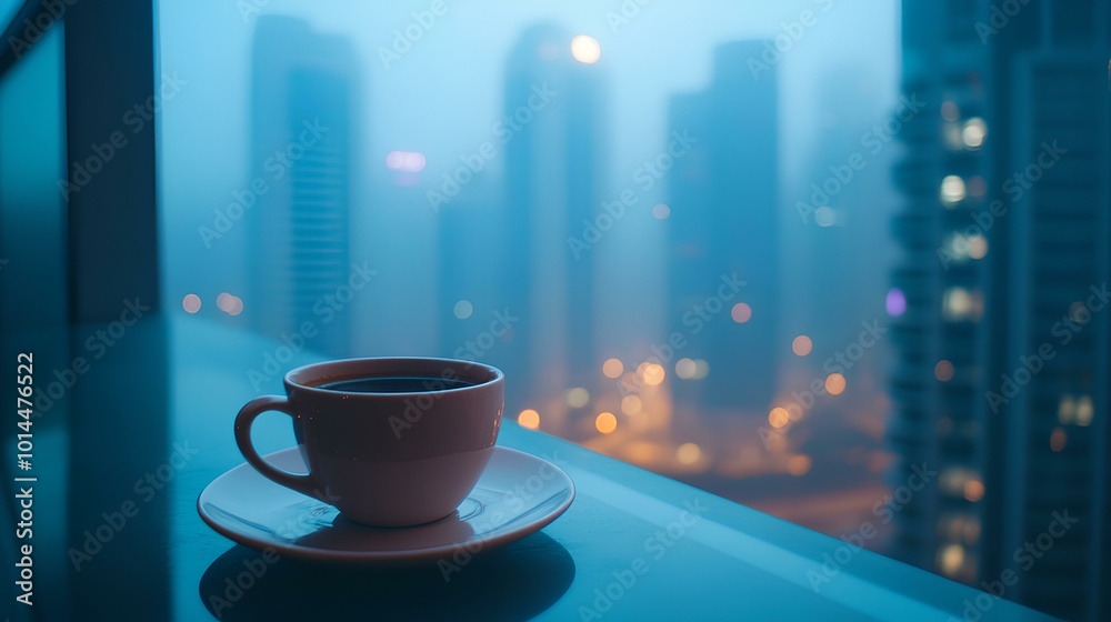 A tranquil city scene featuring a coffee cup on a balcony, with skyscrapers shrouded in mist and ambiance from distant lights. A tranquil city scene featuring a coffee cup on a balcony, with skyscrapers shrouded in mist and ambiance from distant lights.