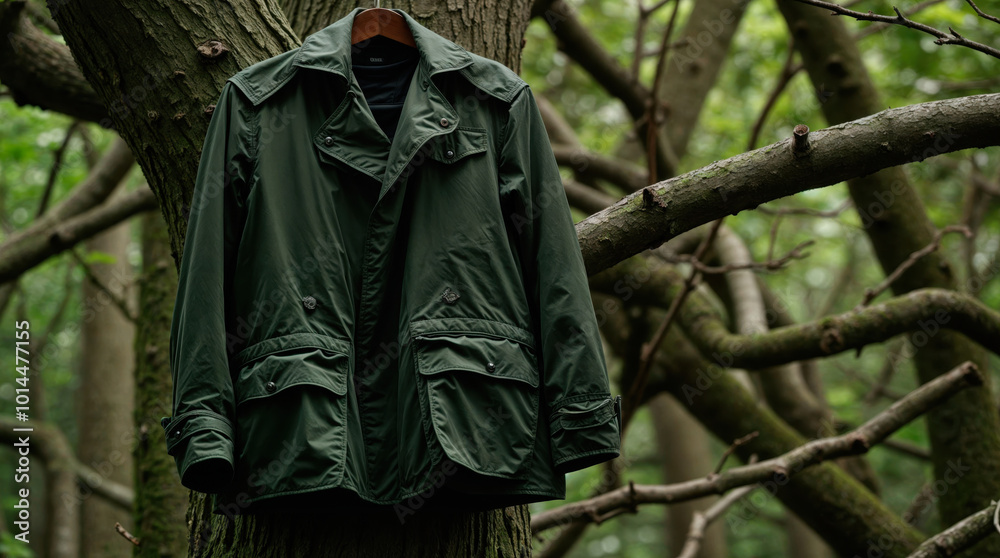 Green military-style jacket hanging on tree branch in misty forest, showcasing outdoor fashion and nature connection Green military-style jacket hanging on tree branch in misty forest, showcasing outdoor fashion and nature connection