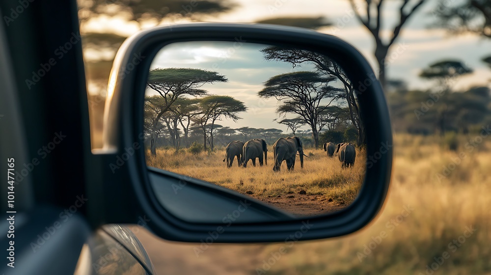A herd of elephants grazing in the savanna reflected in a rearview mirror of a car. A herd of elephants grazing in the savanna reflected in a rearview mirror of a car.