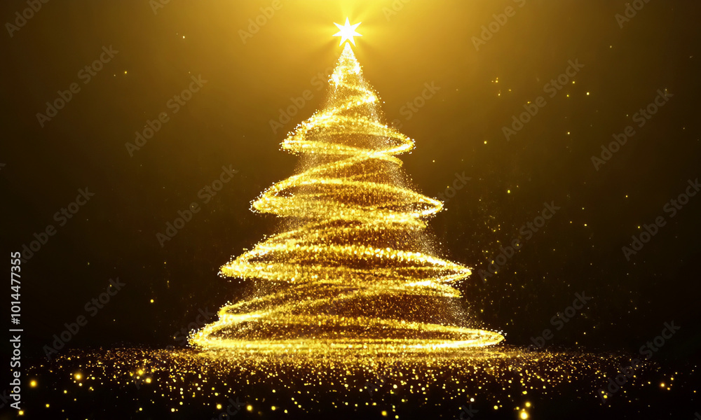 Glowing Christmas Tree Made of Golden Orange Sparkling Particles on Black Background: Christmas and New Year Holiday Glowing Christmas Tree Made of Golden Orange Sparkling Particles on Black Background: Christmas and New Year Holiday