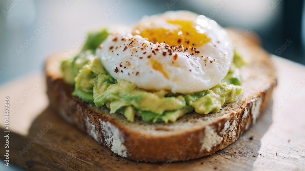Farm Fresh Avocado Toast with Poached Egg, Restaurant Gourmet Brunch Farm Fresh Avocado Toast with Poached Egg, Restaurant Gourmet Brunch