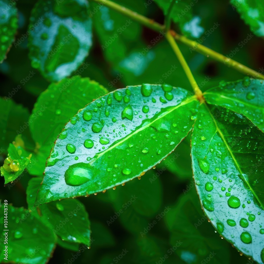 Close-up of green leaves with droplets of water, showcasing nature's beauty. Close-up of green leaves with droplets of water, showcasing nature's beauty.
