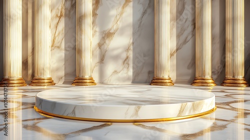 A marble pedestal with gold trim in front of a marble wall with gold trim columns.