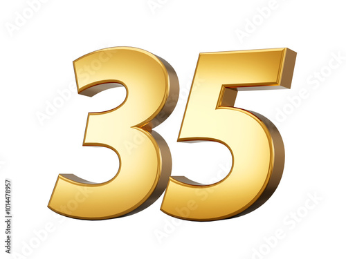 Golden metallic Number 35 Thirty five, White background 3d illustration
