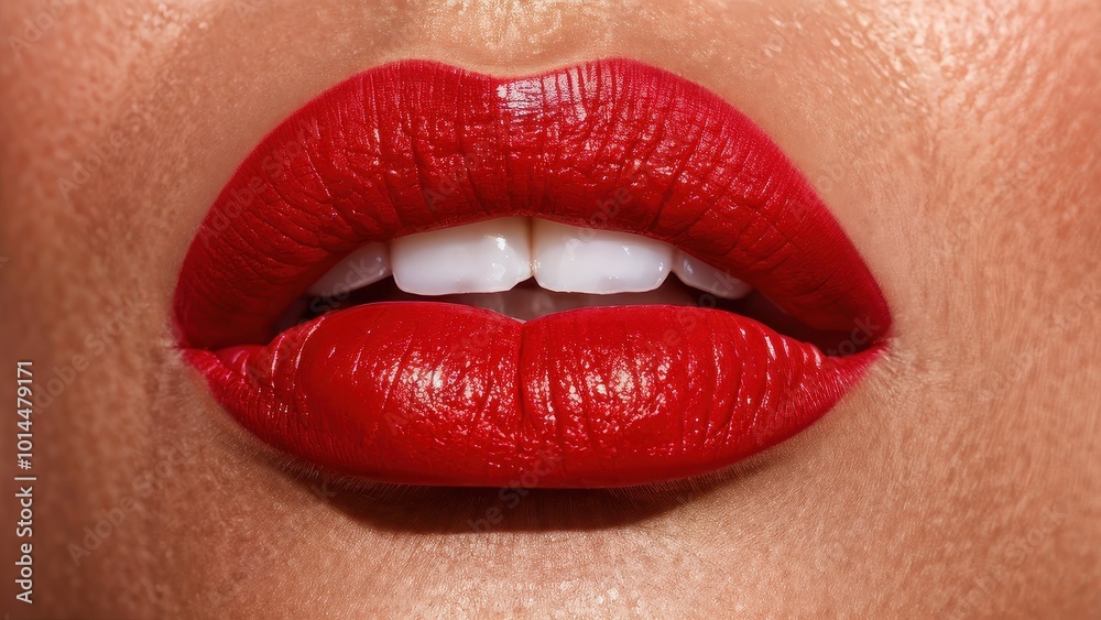 Close-up of glossy red lips showcasing a bold makeup look. Close-up of glossy red lips showcasing a bold makeup look.