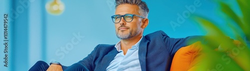 Confident businessman relaxing in a modern office environment with vibrant colors.