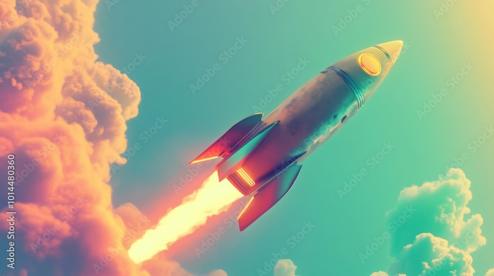 A sleek rocket takes off, soaring through colorful clouds during sunset A sleek rocket takes off, soaring through colorful clouds during sunset