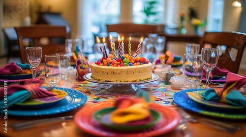 Birthday cake with colorful candles and candies on a decorated table with plates, glasses, and napkins.