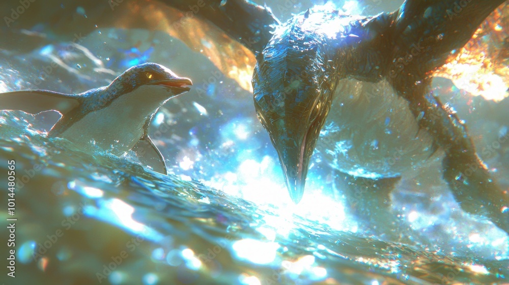 Obraz premium Majestic Penguin-Dragon Hybrid Gliding Through Icy Waters - Ultra-Detailed 3D Concept Art