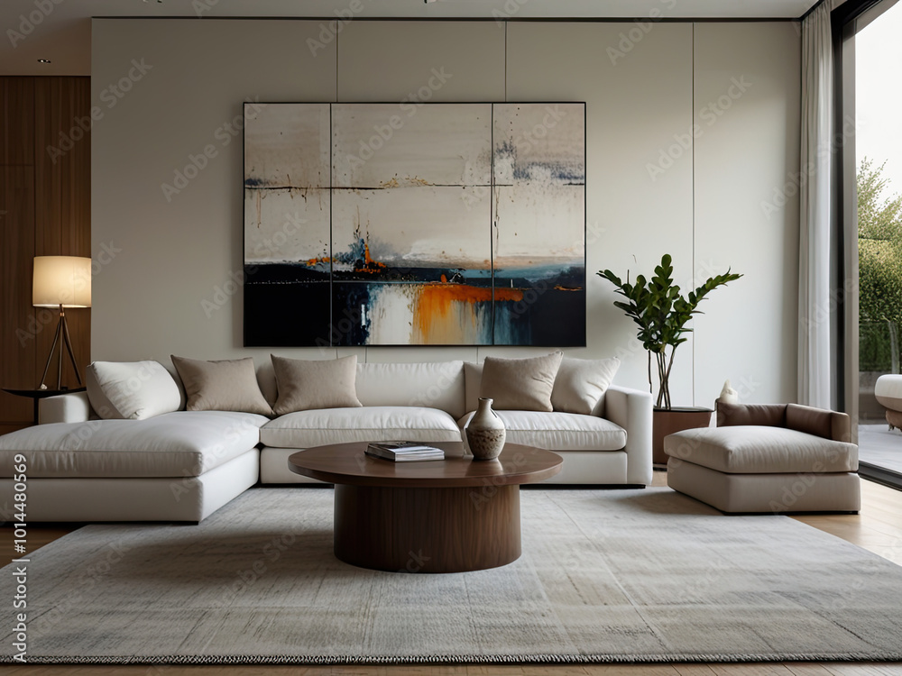 Modern living room interior featuring cozy, plush white sofas a wooden side table with decorative items, and minimalist decor. The space is enhanced by a large abstract painting and a soft rug