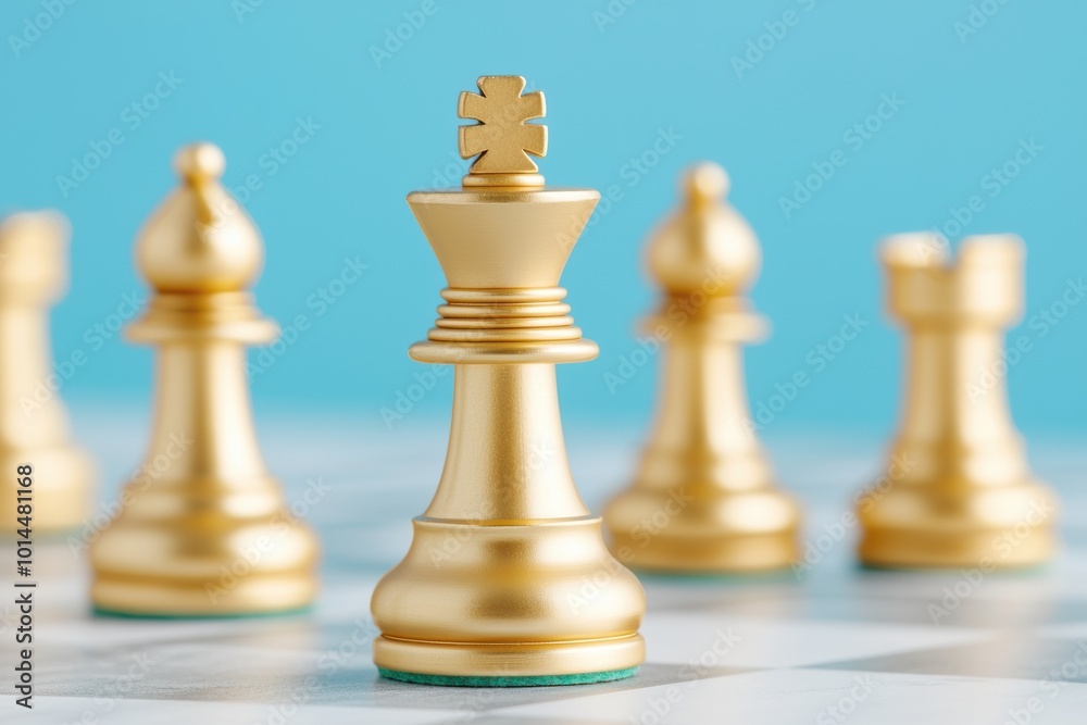 Golden chess pieces stand prominently on chessboard, symbolizing strategy and calculated moves in game of intellect. vibrant blue background enhances elegance of pieces
