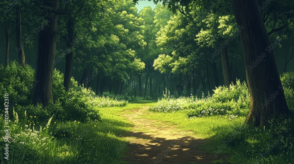 Fototapeta premium Sunlit Forest Path with Green Trees and White Flowers