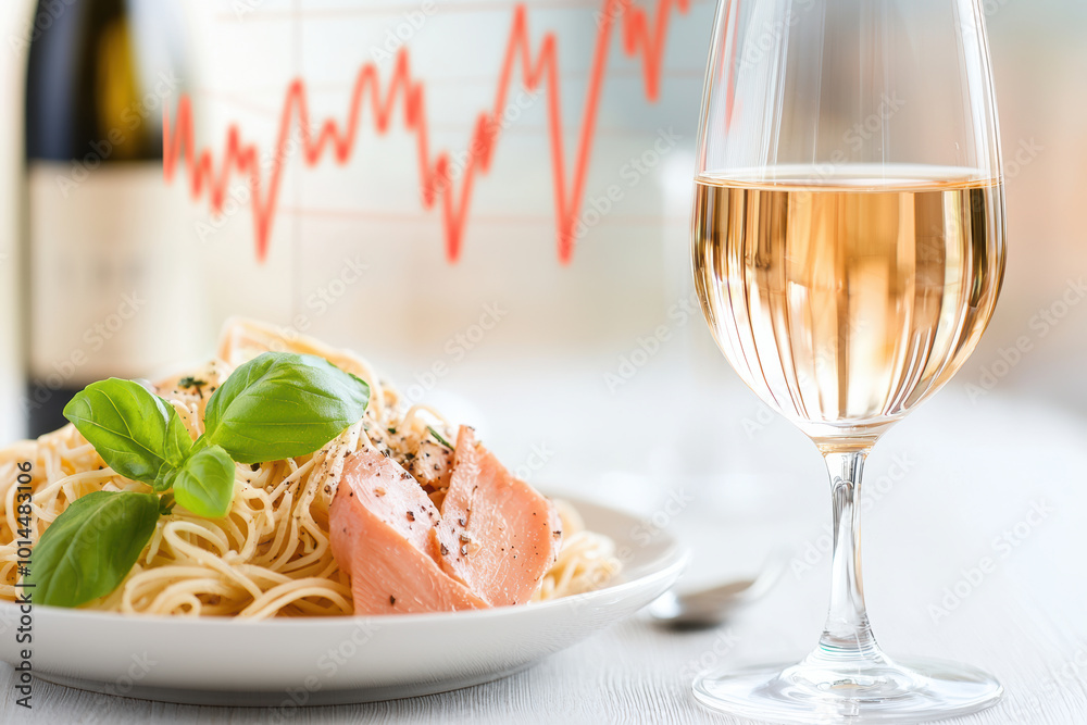Delicious pasta dish with salmon and basil, paired with glass of white wine, set against backdrop of stock charts, creating blend of culinary delight and financial insight Delicious pasta dish with salmon and basil, paired with glass of white wine, set against backdrop of stock charts, creating blend of culinary delight and financial insight
