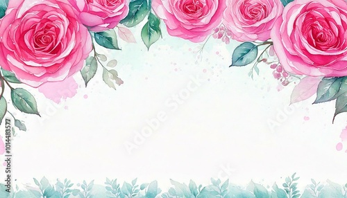 Delicate pink roses framing the top and bottom with soft green leaves. watercolor illustration, for border, wreath, frame. Perfect wedding stationary, greetings, fashion, background.
