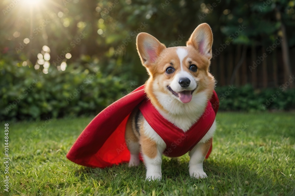 a dog wearing a red super hero costume a dog wearing a red super hero costume