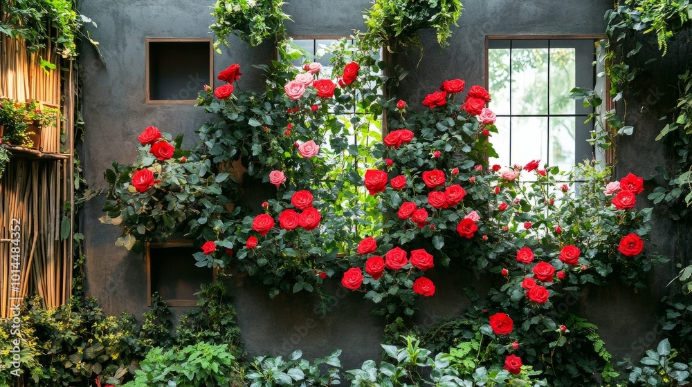 Wall display showcasing bright red roses among lush green foliage, with decorative cut-outs, enhanced by soft light filtering through clear windows Wall display showcasing bright red roses among lush green foliage, with decorative cut-outs, enhanced by soft light filtering through clear windows
