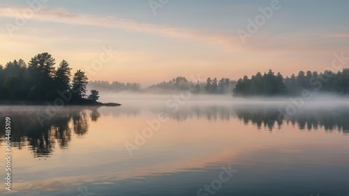 a beautiful sunrise over a lake with trees and fog