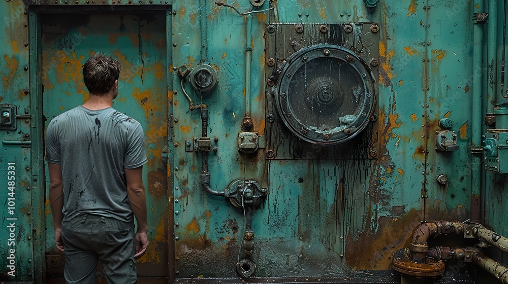 Man Standing Before Rusty Industrial Door