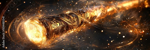 A detailed 3D illustration of a golden magical staff with intricate carvings, surrounded by swirling magical energy and glowing particles photo