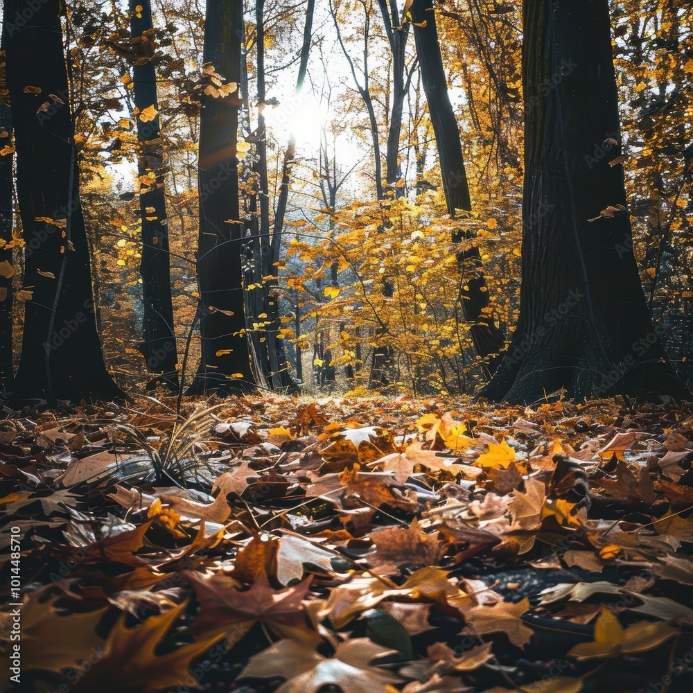 Vibrant Autumn Forest with Fallen Leaves Covering Ground Vibrant Autumn Forest with Fallen Leaves Covering Ground