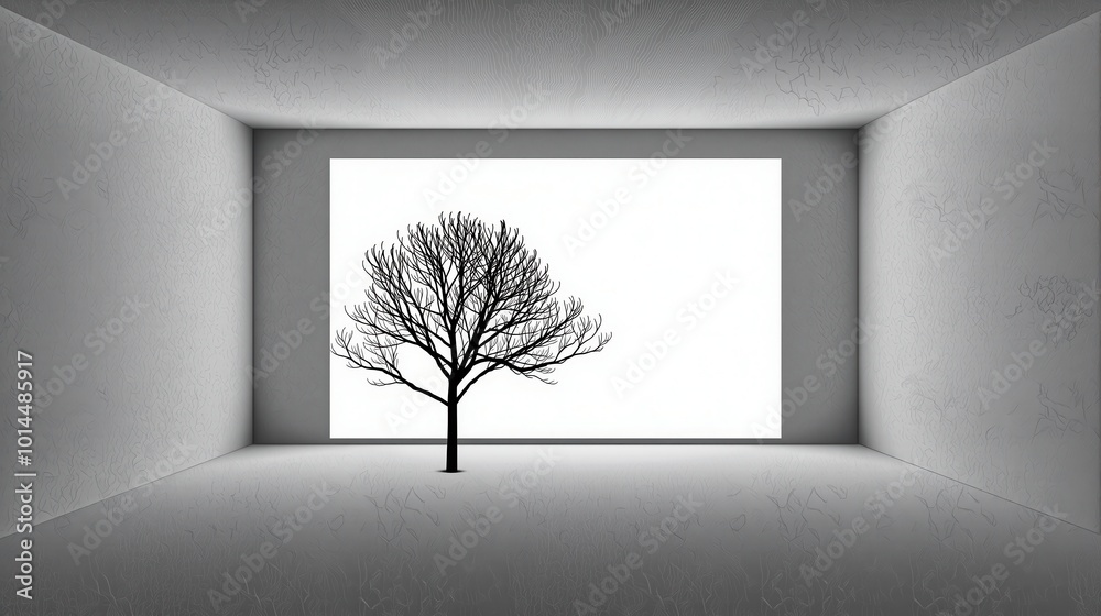 Obraz premium Generative AI, This image captures the essence of minimalist nature, featuring a single tree standing alone in a vast, featureless white space