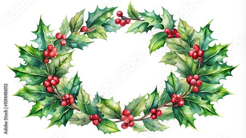 Christmas watercolor wreath of holly berries