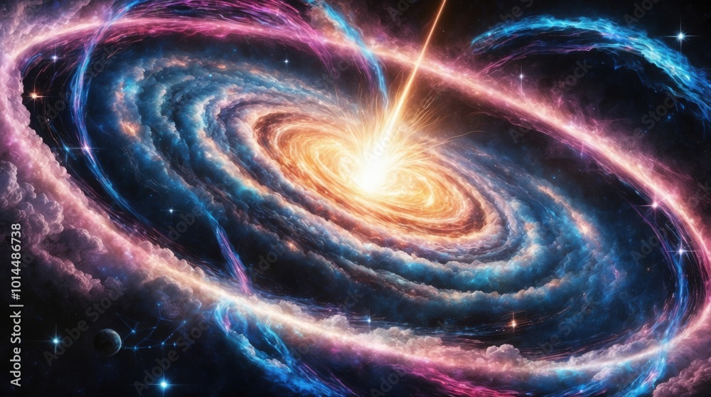 galaxy bursting with vibrant, luminescent energy, radiating swirling tendrils of iridescent gas and dust across the cosmos galaxy bursting with vibrant, luminescent energy, radiating swirling tendrils of iridescent gas and dust across the cosmos