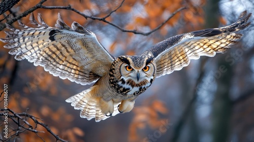 Siberian eagle owl touch down to the tree branch