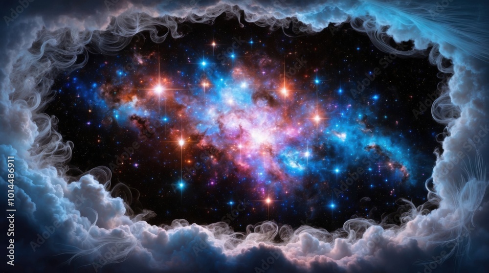Fototapeta premium luminescent stars, varying in size and intensity, surrounded by swirling, iridescent clouds of cosmic dust that shimmer