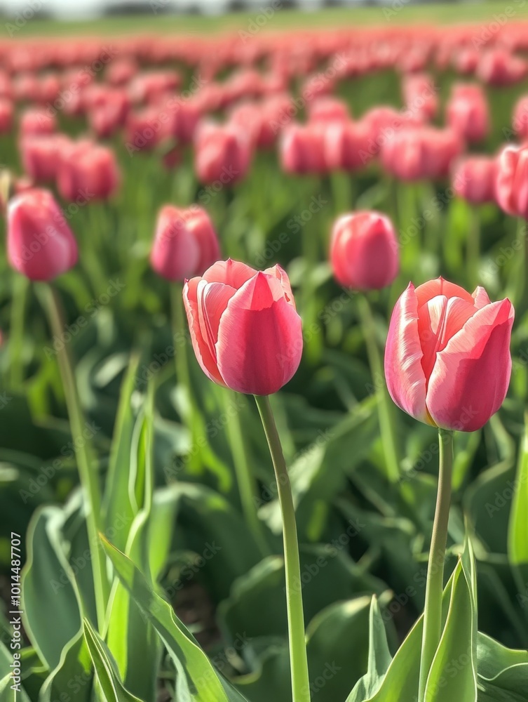 A vibrant field of pink tulips blooming under the clear blue sky A vibrant field of pink tulips blooming under the clear blue sky