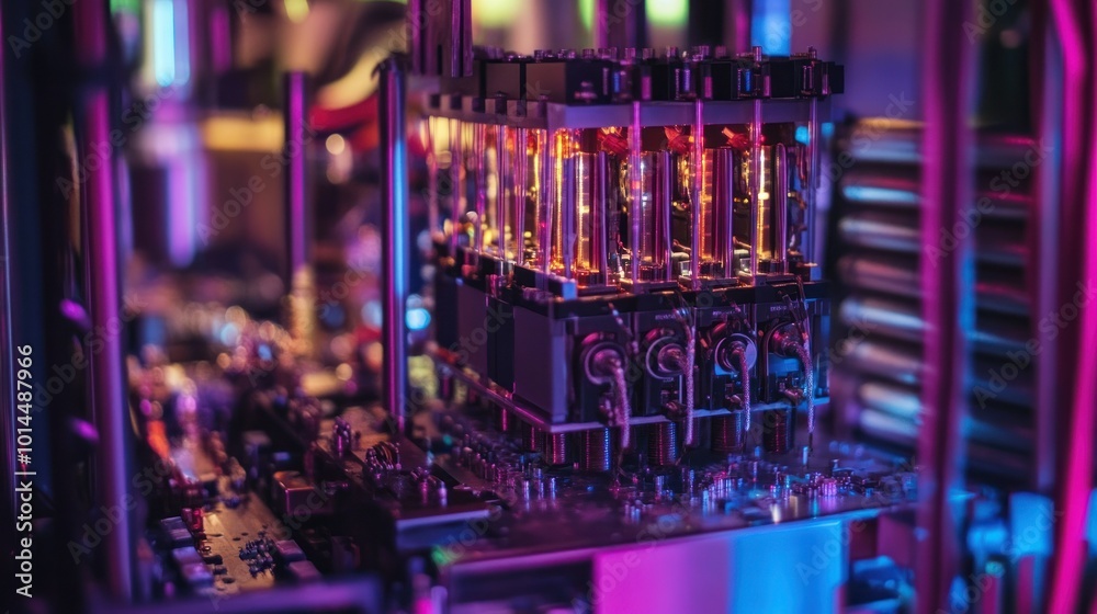 Close-up of a Computer Motherboard with Neon Lights and RGB Cooling System Close-up of a Computer Motherboard with Neon Lights and RGB Cooling System