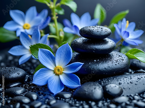 Zen garden arrangement with wet stones and vibrant blue flowers on a dark background