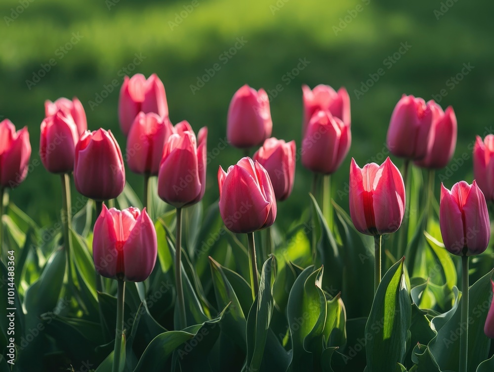 Vibrant tulips blooming in a sunny field during springtime growth Vibrant tulips blooming in a sunny field during springtime growth