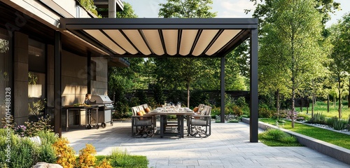 Outdoor culinary events on a contemporary patio with pergola awning and dining setup. photo