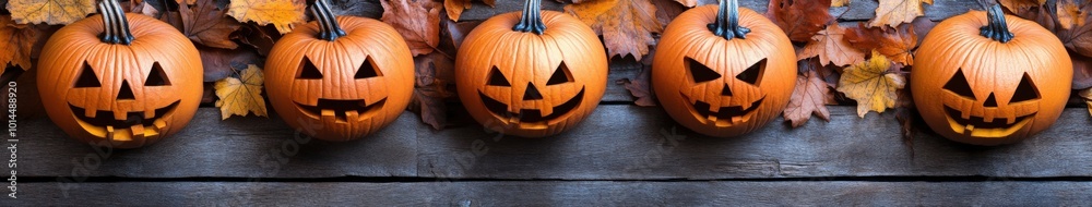 Fototapeta premium Colorful Halloween pumpkins displayed against a rustic wooden background