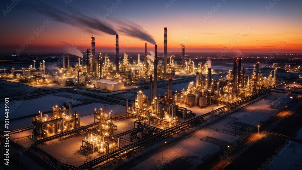 Aerial view of a large industrial complex at sunset, showcasing illuminated structures and smoke. Aerial view of a large industrial complex at sunset, showcasing illuminated structures and smoke.