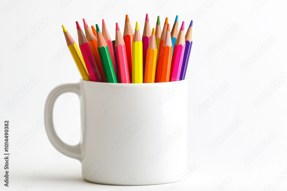 A white mug filled with colorful pencils, showcasing a variety of vibrant hues for artistic use.