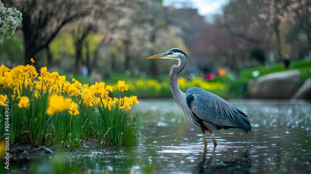 Naklejka premium Great blue heron at urban pond celebrating water birds and the need to protect city wetlands