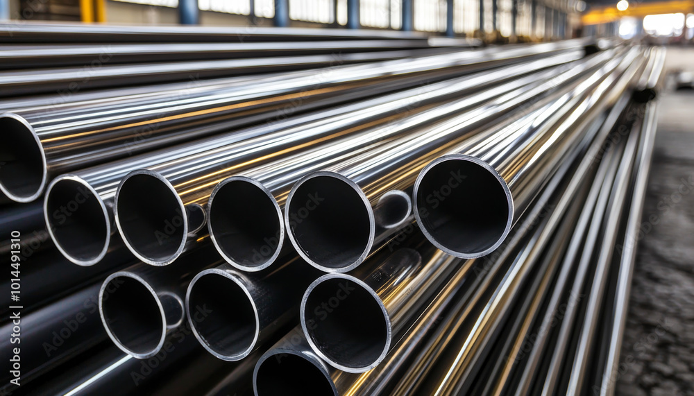 A collection of shiny metal pipes stacked in an industrial setting, showcasing their cylindrical shape and reflective surface. A collection of shiny metal pipes stacked in an industrial setting, showcasing their cylindrical shape and reflective surface.