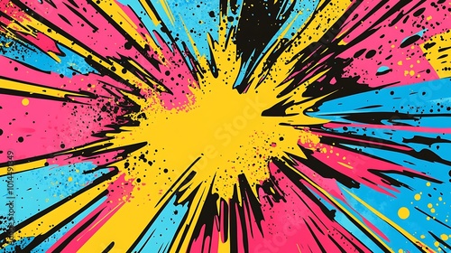 Abstract background with colorful splashes and paint splatters in pink, blue, black, and yellow with a yellow center.