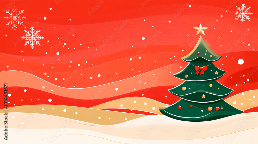 Illustrated Christmas Tree in a Snowy Landscape with Red Background Illustrated Christmas Tree in a Snowy Landscape with Red Background