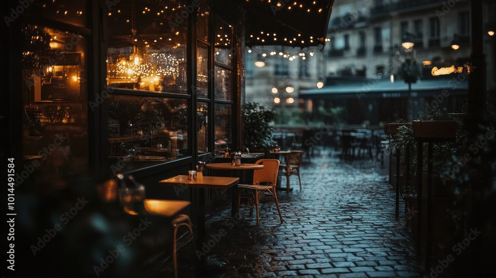 Empty Cafe Tables on a Rainy Night in a European City Empty Cafe Tables on a Rainy Night in a European City