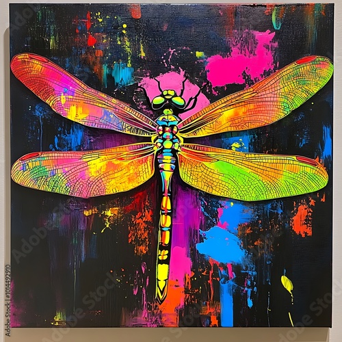 Dynamic neon dragonfly with brightly glowing wings captured in mid-flight photo