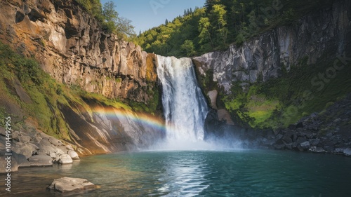 Stunning photo of a cascading waterfall flowing into a crystal-clear pool surrounded by lush greenery. Perfect for nature, travel, and relaxation themes.