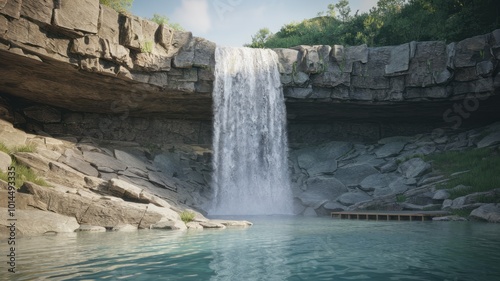 Stunning photo of a cascading waterfall flowing into a crystal-clear pool surrounded by lush greenery. Perfect for nature, travel, and relaxation themes. photo